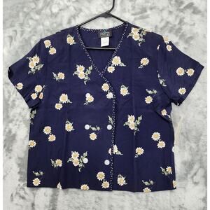 NEW Vintage Fritzi V-Neck Short Sleeve Button Up Top Size M Blue Daisies Floral